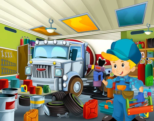 Cartoon Scene Garage Mechanic Working Repearing Cistern Illustration Children — Stock Photo, Image