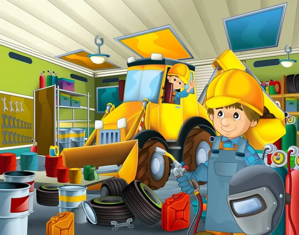 Cartoon Garage Mechanic Worker Some Additional Safety Cover Repearing Vehicle — Stock Photo, Image