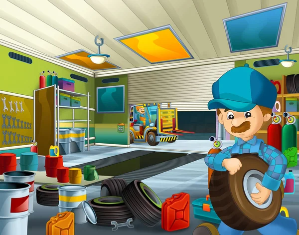 Cartoon Scene Garage Mechanic Working Repearing Some Vehicle Cleaning Work — Stock Photo, Image