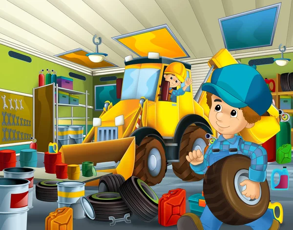 cartoon scene with garage mechanic working repearing some vehicle or cleaning work place - illustration for children