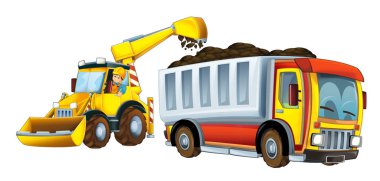 çizgi film sahne ile toprak üzerinde beyaz arka planda - illüstrasyon çocuklar için - bir araç penceresinde alt - kamyon yükleme Ekskavatör