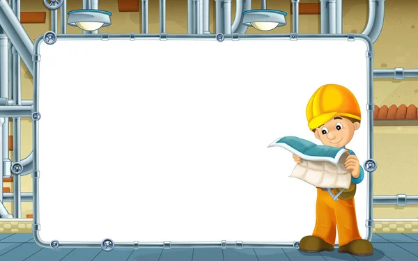 Cartoon Scene Builder Working Basement Frame Space Text Illustration Children — Stock Photo, Image