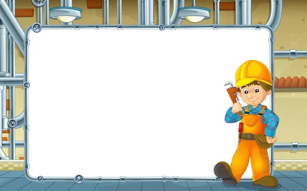 cartoon scene with builder working in the basement - with frame - space for text - illustration for children