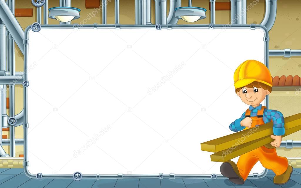 cartoon scene with builder working in the basement - with frame - space for text - illustration for children