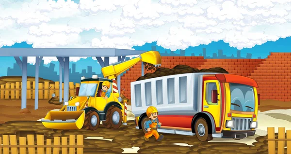 漫画シーン の異なる物事ビルダー建設現場の労働者と子供たちのイラスト — ストック写真