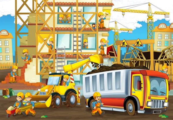 Cartoon Scene Workers Construction Site Builders Doing Different Things Illustration — Stock Photo, Image