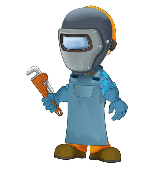 cartoon construction worker in some additional safety cover welder in mask with a tool