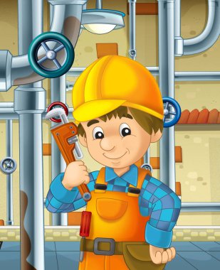 bodrumda bir şey - illüstrasyon çocuklar için kaynak işçisi ile çizgi film sahne