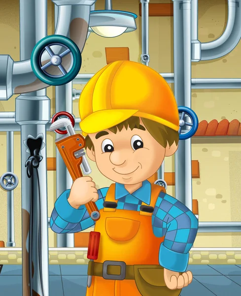 Cartoon Scene Repairman Basement Working Illustration Children — Stock Photo, Image