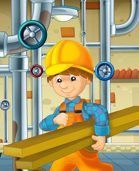 Cartoon Scene Repairman Basement Working Illustration Children — Stock Photo, Image