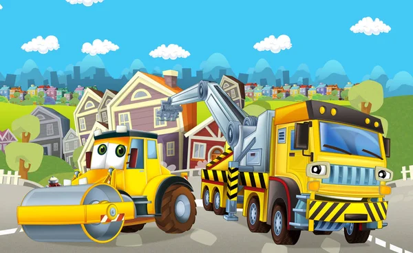 Cartoon tow truck and road roller - illustration for children