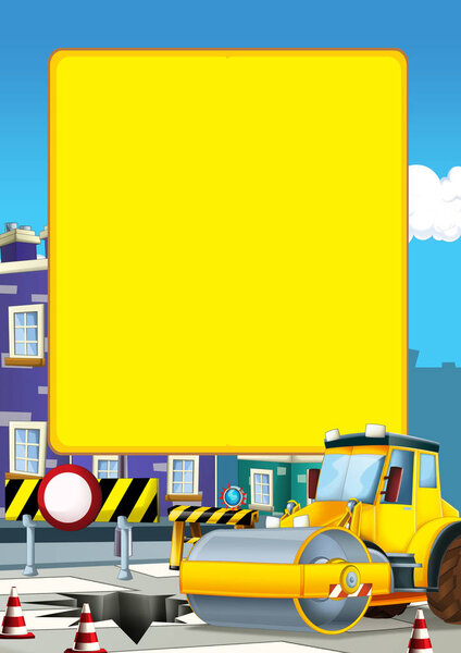 cartoon scene with road roller in the city - illustration for children 
