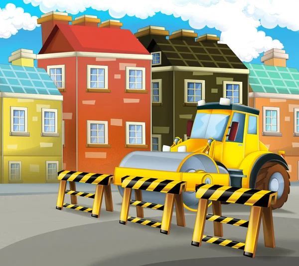 Cartoon road roller truck in the city - illustration for children