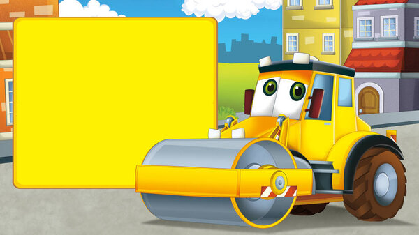 cartoon scene with road roller in the city - illustration for children 