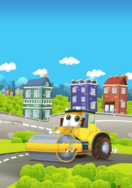 Cartoon road roller truck in the city - illustration for children