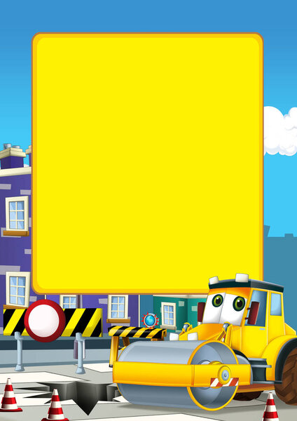 cartoon scene with road roller in the city - illustration for children