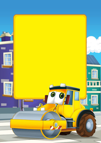 cartoon scene with road roller in the city - illustration for children