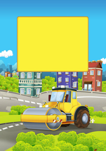 cartoon scene with road roller in the city - illustration for children