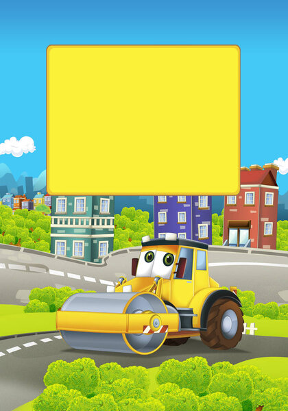 cartoon scene with road roller in the city - illustration for children