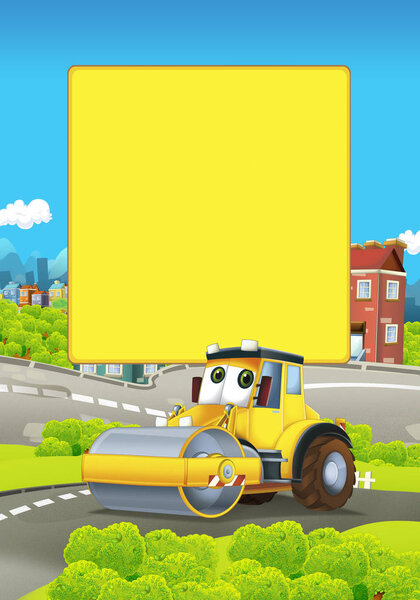 cartoon scene with road roller in the city - illustration for children