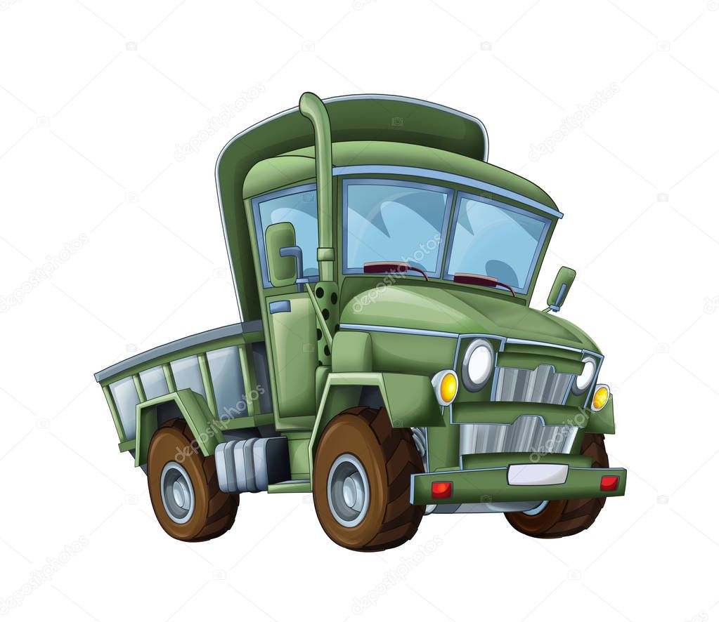 cartoon happy and funny military truck - on white background / smiling vehicle - illustration for children