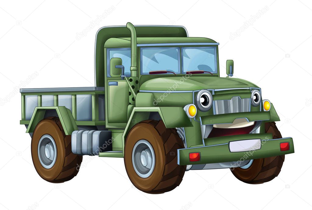 cartoon happy and funny military truck - on white background / smiling vehicle - illustration for children
