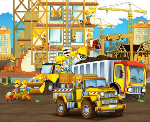 Cartoon Scène Met Werknemers Bouwplaats Bouwers Doen Verschillende Dingen Illustratie — Stockfoto