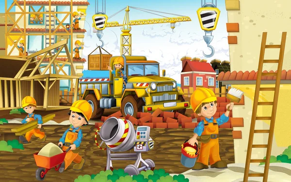 Scena Dei Cartoni Animati Con Lavoratori Cantiere Costruttori Che Fanno — Foto Stock