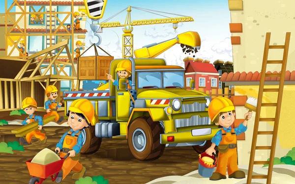 cartoon scene with workers on construction site - builders doing different things - illustration for children