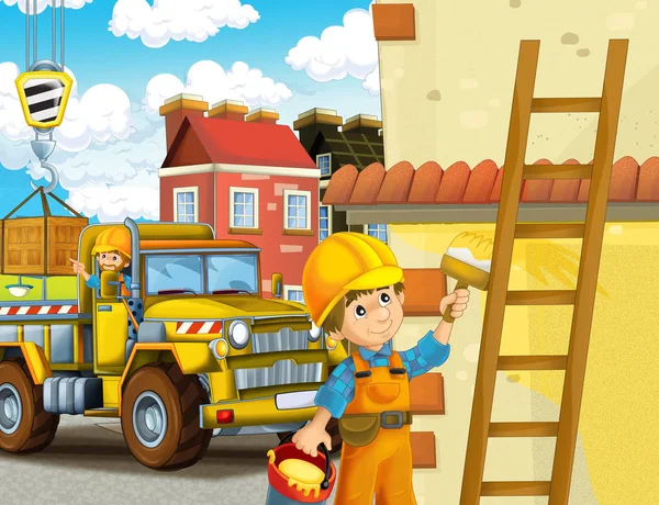Escena Dibujos Animados Con Trabajadores Sitio Construcción Constructores Haciendo Diferentes — Foto de Stock