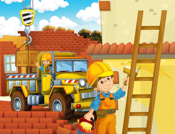 cartoon scene with workers on construction site - builders doing different things - illustration for children