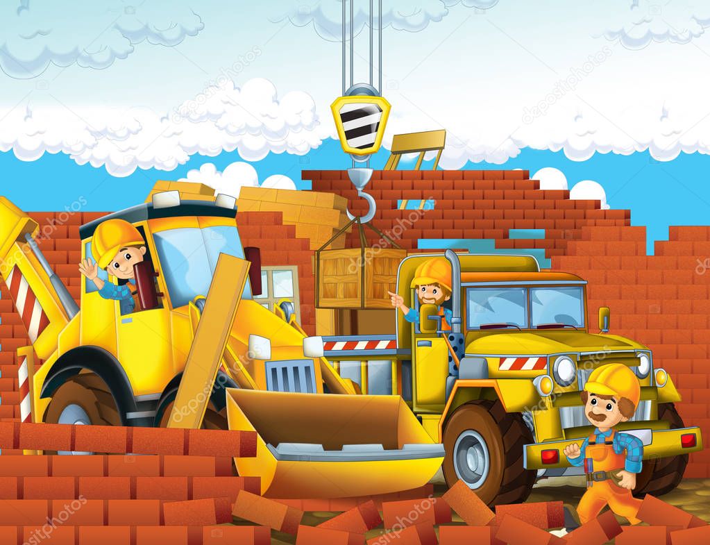 cartoon scene with workers on construction site - builders doing different things - illustration for children 