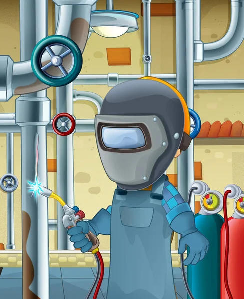 Cartoon Scene Worker Basement Welding Something Illustration Children — Stock Photo, Image