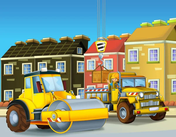 Escena Dibujos Animados Con Sitio Construcción Trabajador Haciendo Algún Trabajo — Foto de Stock