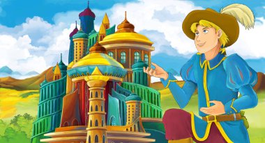 genç ve güzel prenses ayakta ve arıyorum - illüstrasyon çocuklar için castle yakınındaki ile çizgi film sahne