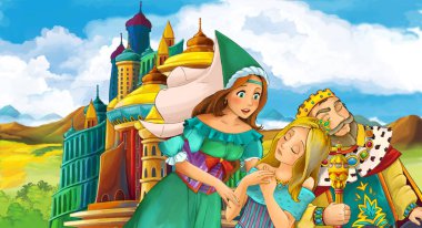 genç ve güzel prenses ayakta ve babası - gösterim amacıyla çocuk bakarak castle yakınındaki ile çizgi film sahne