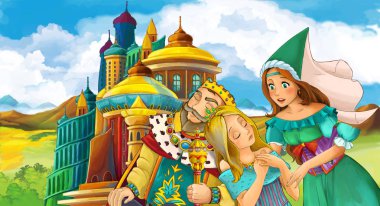 genç ve güzel prenses ayakta ve babası - gösterim amacıyla çocuk bakarak castle yakınındaki ile çizgi film sahne