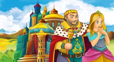 genç ve güzel prenses ayakta ve babası - gösterim amacıyla çocuk bakarak castle yakınındaki ile çizgi film sahne