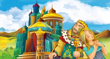 genç ve güzel prenses ayakta ve babası - gösterim amacıyla çocuk bakarak castle yakınındaki ile çizgi film sahne