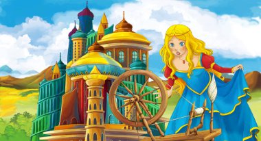 genç ve güzel prenses ayakta ve arıyorum - illüstrasyon çocuklar için castle yakınındaki ile çizgi film sahne