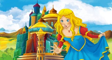genç ve güzel prenses ayakta ve arıyorum - illüstrasyon çocuklar için castle yakınındaki ile çizgi film sahne
