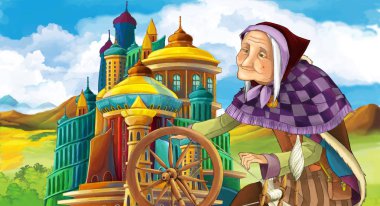 castle - çocuklar için illüstrasyon yakınındaki mutlu gülümseyen yaşlı kadın ile çizgi film sahne