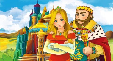 genç ve güzel prenses ayakta ve babası - gösterim amacıyla çocuk bakarak castle yakınındaki ile çizgi film sahne