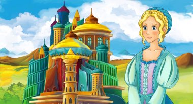 genç ve güzel prenses ayakta ve arıyorum - illüstrasyon çocuklar için castle yakınındaki ile çizgi film sahne