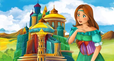 genç ve güzel prenses ayakta ve arıyorum - illüstrasyon çocuklar için castle yakınındaki ile çizgi film sahne