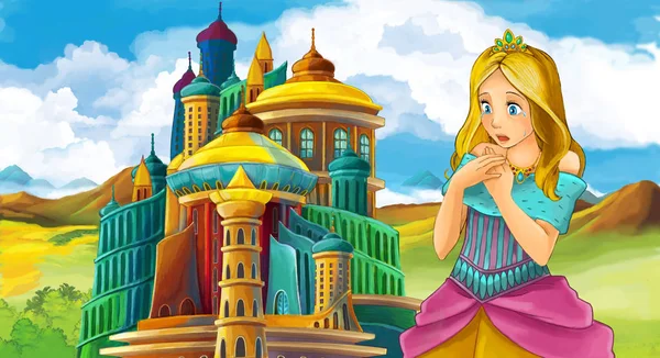 Escena Dibujos Animados Con Princesa Joven Hermosa Cerca Del Castillo — Foto de Stock