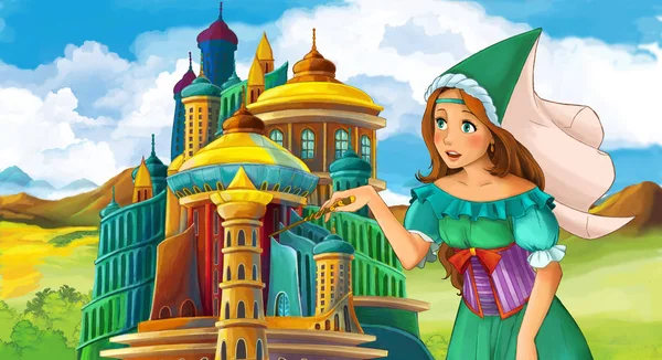 Cartoon Scene Young Beautiful Princess Castle Standing Looking Illustration Children — Stock Photo, Image