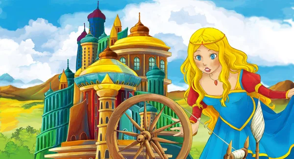 cartoon scene with young and beautiful princess near the castle standing and looking - illustration for children