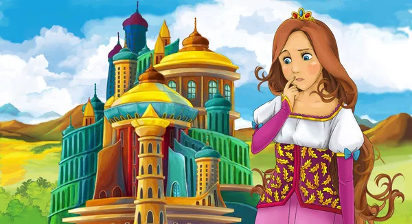 Γελοιογραφία Σκηνή Νεαρή Και Όμορφη Πριγκίπισσα Κοντά Στο Κάστρο Στέκεται — Φωτογραφία Αρχείου