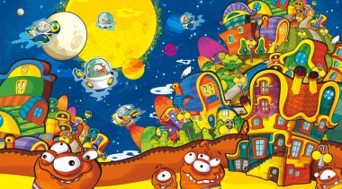 çizgi film sahneleri bazı komik uzaylılar şehirde arıyor ve ufo gemi - beyaz arka plan - illüstrasyon çocuklar için uçan